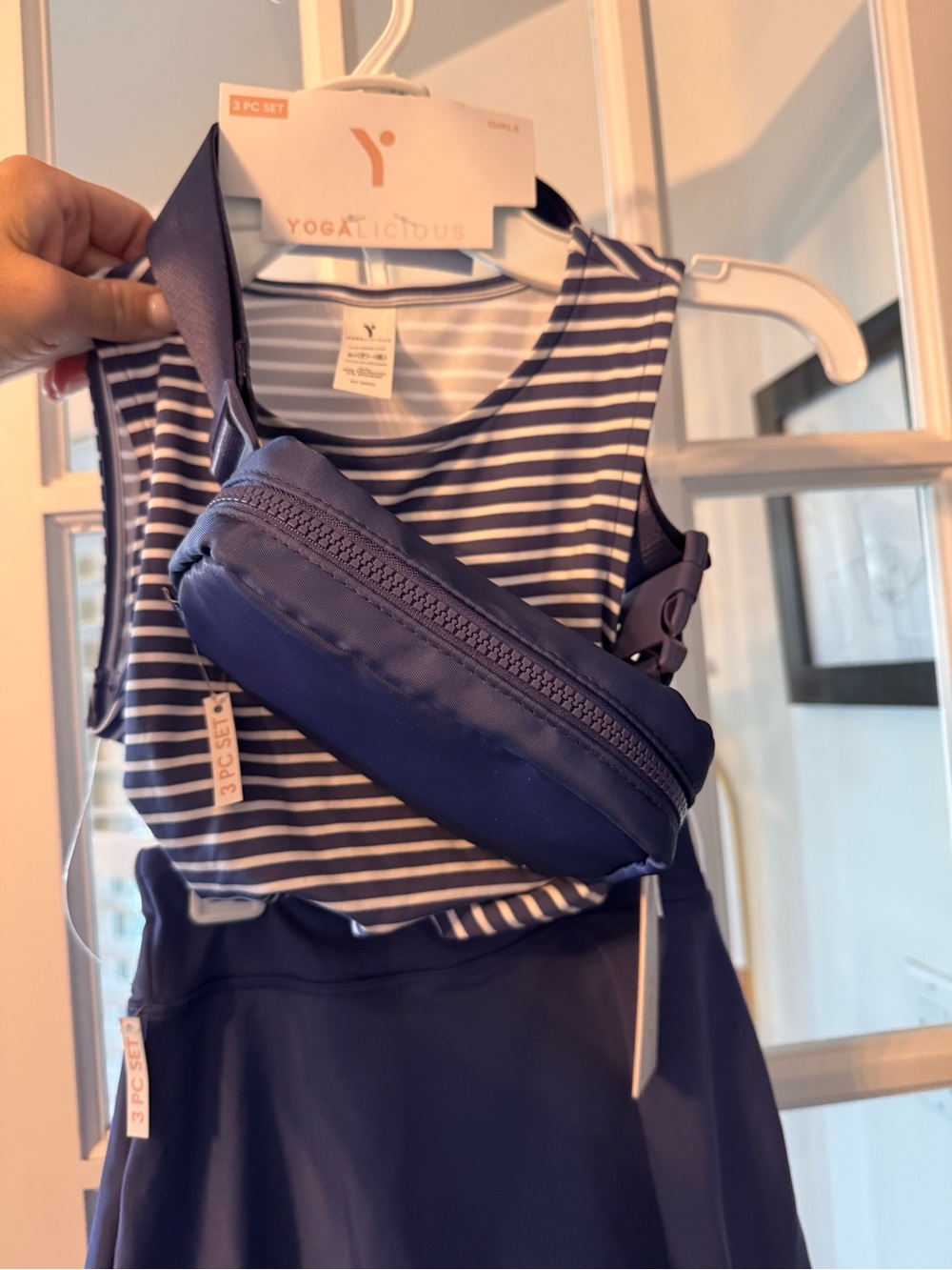Yogalicious Navy and White Striped Kids One-Piece with Navy Waist Pack